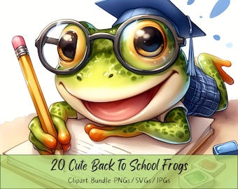 Cute Back To School Frogs Clipart Bundle, Watercolor Frog Clip Art Images, High Quality Animals Files, Digital Teacher Animal Graphics,