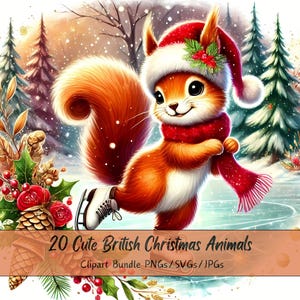Lindo paquete de imágenes prediseñadas de animales navideños británicos, escena de bosque navideño de Inglaterra, imágenes prediseñadas de criaturas, animal de invierno inglés de acuarela, s