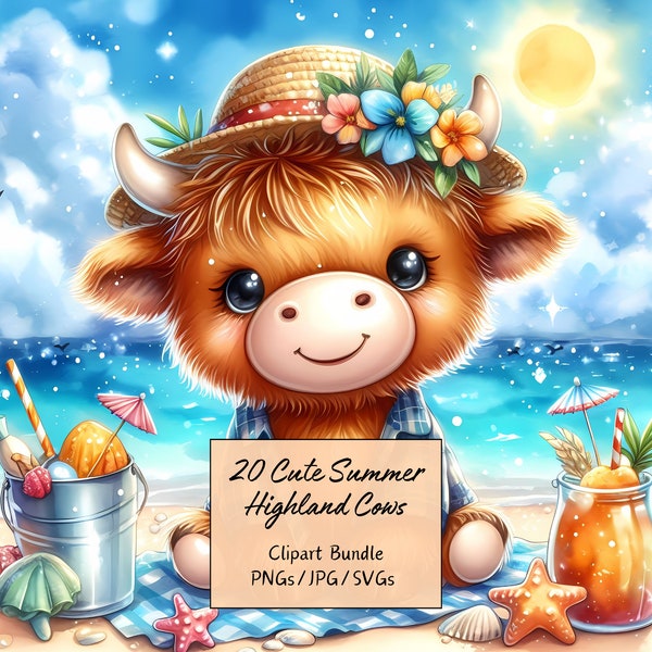 Cute Summer Highland Cows Clipart Bundle, Watercolor Cow Clip Art Images, High Quality Animals Files, Fun Digital Animal Graphics, Download