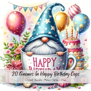 Niedliche Geburtstagszwerge in Tassen Clipart-Bundle, Aquarell-Wichtel-ClipArt-Bilder, hochwertige Tassendateien, einzigartiger digitaler Kreaturen-Download