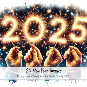 Frohes Neues Jahr Bilder, Clipart-Bundle, Jahrestag, Aquarell Clip Art Bilder, hochwertige 2025 Dateien, Digitale Willkommenskarte, Herstellung, Party