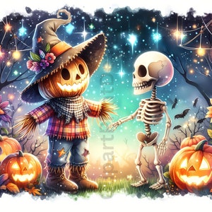 Op de afbeelding: Een fantasievolle Halloween-sc&egrave;ne met een vriendelijke vogelverschrikker die een geruit overhemd en een heksenhoed draagt, naast een skelet met een vriendelijke glimlach. De sc&egrave;ne speelt zich af tegen een sterrenhemel met pompoenen en gloeiende lichten.