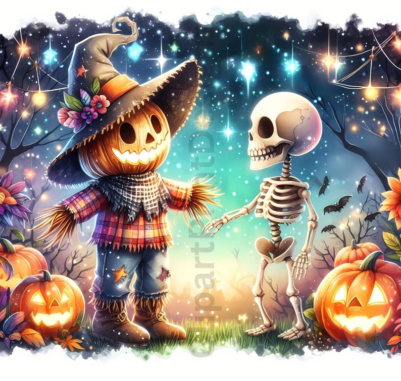 Op de afbeelding: Een fantasievolle Halloween-sc&egrave;ne met een vriendelijke vogelverschrikker die een geruit overhemd en een heksenhoed draagt, naast een skelet met een vriendelijke glimlach. De sc&egrave;ne speelt zich af tegen een sterrenhemel met pompoenen en gloeiende lichten.