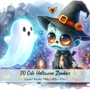 Lindo paquete de imágenes prediseñadas de zombies de Halloween, imágenes prediseñadas de zombies de acuarela, criaturas aterradoras de alta calidad, descarga de criaturas digitales divertidas Otoño
