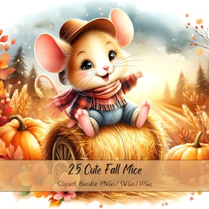 Lindo paquete de imágenes prediseñadas de ratón de otoño, Imágenes prediseñadas de ratones de otoño de acuarela, Archivos de animales de alta calidad, Gráficos digitales de animales divertidos, Otoño