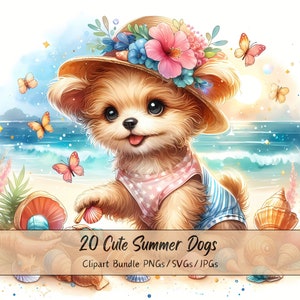 Lindo paquete de imágenes prediseñadas de perros de verano, imágenes prediseñadas de perros de acuarela, archivos de animales de alta calidad, gráficos de animales digitales divertidos, descarga única