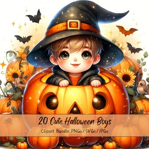 Lindo paquete de imágenes prediseñadas de niños de Halloween, imágenes prediseñadas de niños en acuarela, alta calidad, divertida descarga digital para niños, otoño para niños