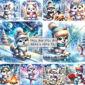 May include: A collection of digital art prints featuring adorable cartoon husky puppies in winter scenes. The puppies are depicted wearing hats and scarves, engaged in activities like sledding, fishing, and roasting marshmallows. The backgrounds include snowy landscapes and starry skies.