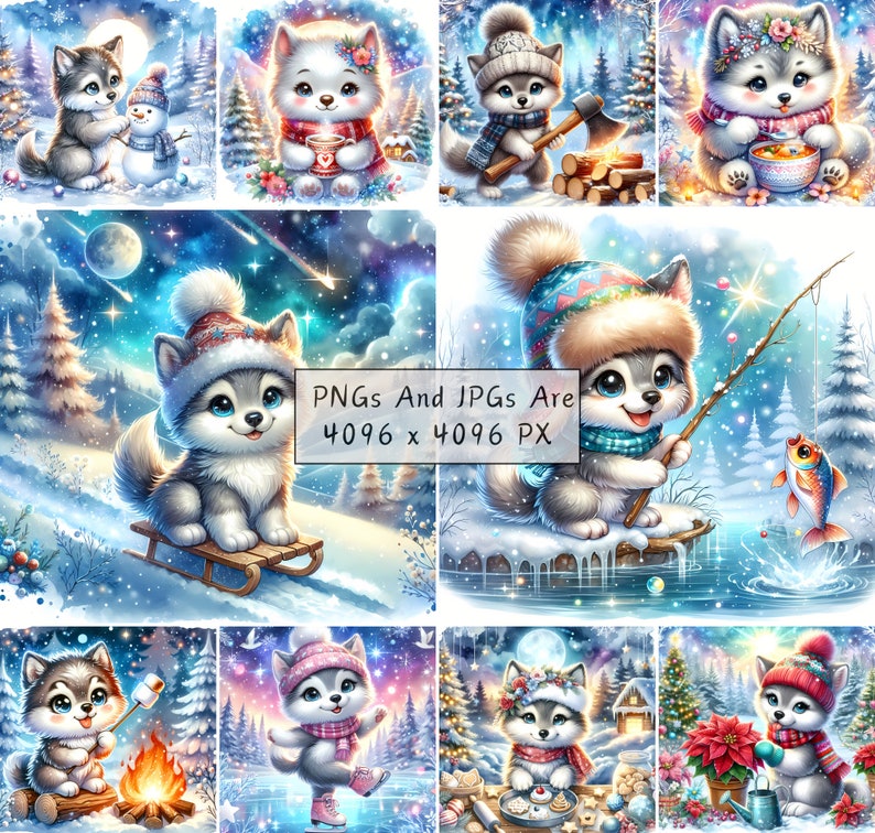 May include: A collection of digital art prints featuring adorable cartoon husky puppies in winter scenes. The puppies are depicted wearing hats and scarves, engaged in activities like sledding, fishing, and roasting marshmallows. The backgrounds include snowy landscapes and starry skies.