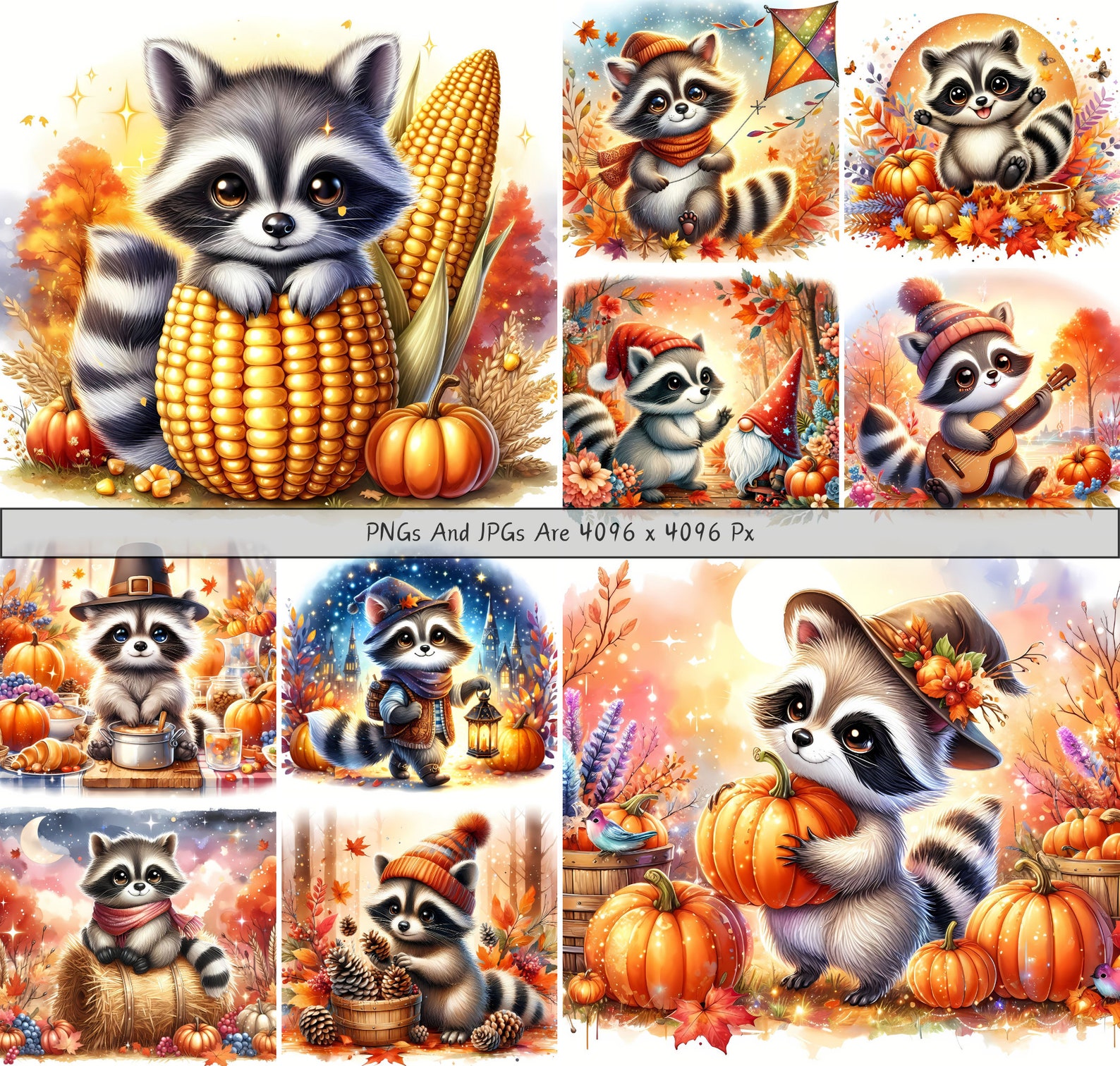 Cute Fall Raccoons Clipart Bundle, Watercolor Autumn Raccoon Clip Art ...