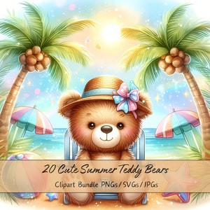 Lindo paquete de imágenes prediseñadas de osos de peluche de verano, imágenes prediseñadas de osos de acuarela, archivos de alta calidad, gráficos divertidos de peluches digitales, descargar