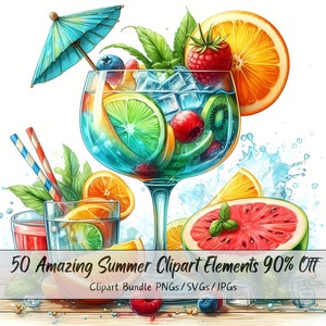 Paquete de imágenes prediseñadas de verano de alta calidad, imágenes de imágenes prediseñadas de acuarela, archivos baratos increíbles, descarga de gráficos de elementos digitales, animales de verano