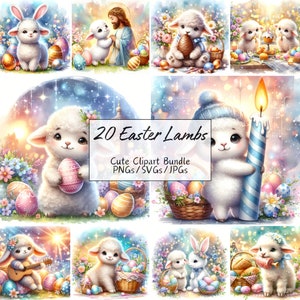 かわいいイースターの子羊のクリップアート バンドル、水彩画のクリップアート画像、20 の高品質 PNG/SVG/JPG、デジタル ペーパー クラフト、カード作成、赤ちゃん動物
