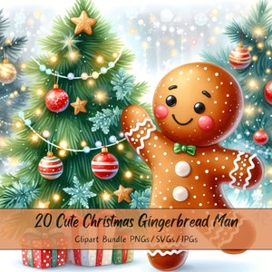Bundle de cliparts mignon Noël bonhomme en pain d'épice, Images clipart hommes de Noël, fichier de caractère cookie aquarelle, graphiques festifs