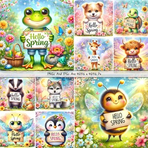Cute Hello Spring Animals Clipart Bundle, Watercolor Clip Art Images ...
