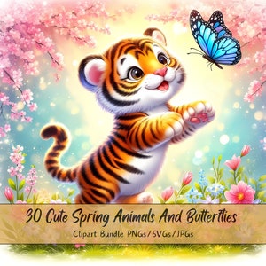 Bundle de cliparts mignons animaux et papillons de printemps, Images clip aquarelles, haute qualité, graphiques numériques animaux drôles, téléchargement unique