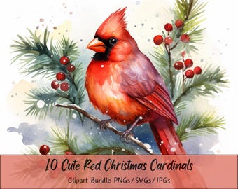 10 Cute Red Christmas Cardinals, High Quality Clipart Bundle, Digital Art, Commercial Use, 300 Dpi PNGs/JPGs/SVGs, Winter, Digital Paper