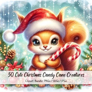 Lindo paquete de imágenes prediseñadas de criaturas de bastón de caramelo navideño, imágenes prediseñadas de Navidad, archivos de animales de criaturas de acuarela, figuras gráficas de invierno