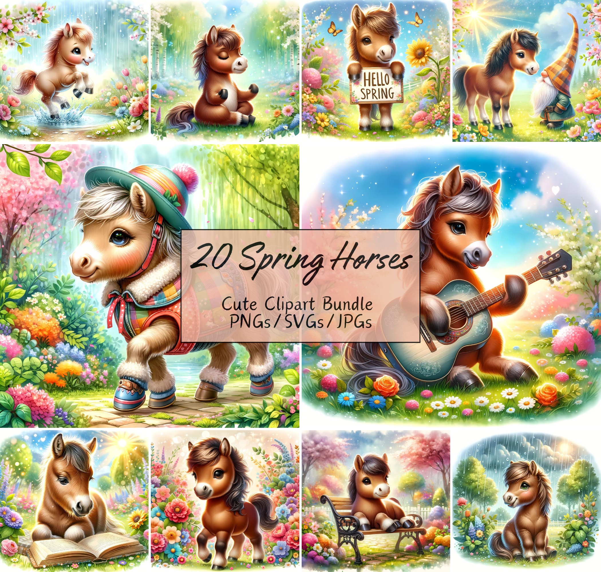 Cute Spring Horses Clipart, Funny Watercolor Animal Images, High ...