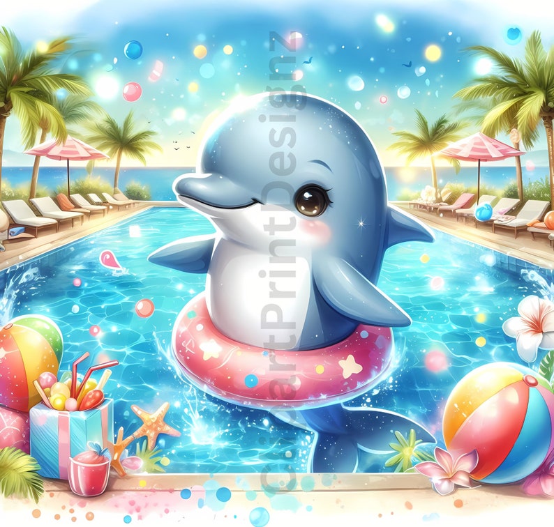 Cute Summer Pool Animals Clipart Bundle, Watercolor Sun Clip Art Images ...