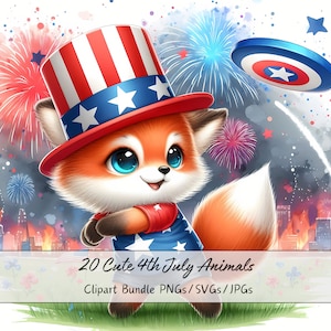 Lindo paquete de imágenes prediseñadas de animales del 4 de julio, animales de archivos patrióticos de acuarela, imágenes prediseñadas de alta calidad, descarga del Día de la Independencia Americana