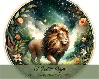 May include: A digital illustration of a lion with a mane of brown and gold fur, standing in a lush green forest with flowers and a starry night sky. The image is part of a set of 12 zodiac signs.
