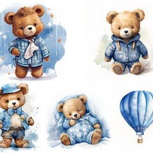 May include: Four watercolor illustrations of brown teddy bears wearing blue clothing. One bear is wearing a blue and white plaid shirt, another is wearing a blue denim jacket, another is wearing a blue and white striped pajamas, and the last bear is wearing a blue and white bow tie and a blue jacket. The illustrations are set against a white background with blue watercolor accents.