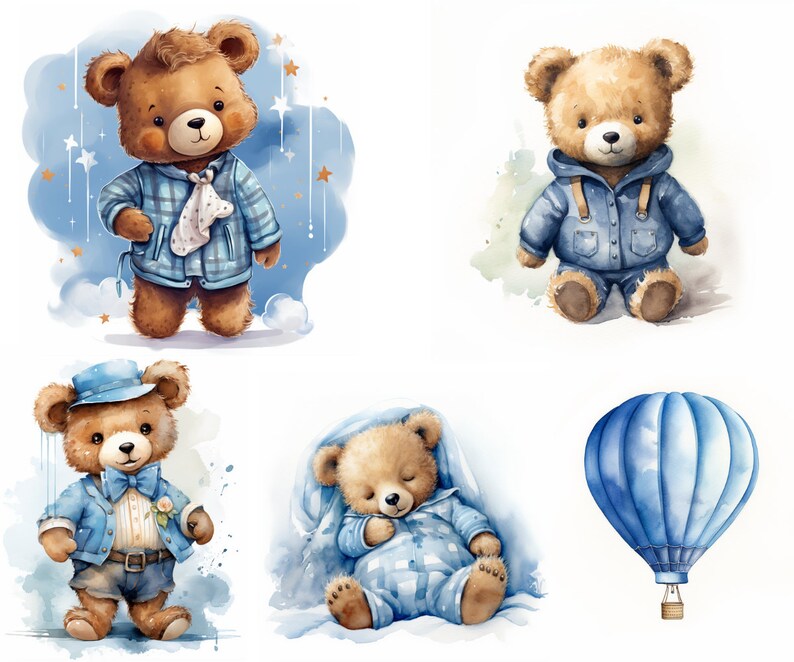 May include: Four watercolor illustrations of brown teddy bears wearing blue clothing. One bear is wearing a blue and white plaid shirt, another is wearing a blue denim jacket, another is wearing a blue and white striped pajamas, and the last bear is wearing a blue and white bow tie and a blue jacket. The illustrations are set against a white background with blue watercolor accents.