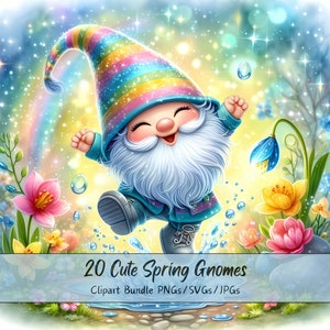 Lindo paquete de imágenes prediseñadas de gnomos de primavera, imágenes de imágenes prediseñadas de acuarela, 20 archivos de gnomos de alta calidad, divertidos gráficos de animales digitales, descarga única