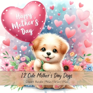 Lindo paquete de imágenes prediseñadas de perros felices del día de la madre, imágenes de imágenes prediseñadas de acuarela, archivos de alta calidad, gráficos digitales para perros de madres, descarga de animales