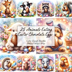 Simpatici animali che mangiano uova di cioccolato di Pasqua Clipart, immagini di animali divertenti dell'acquerello, pacchetto di alta qualità, grafica per il download digitale, clipart