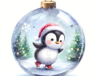 May include: A clear glass Christmas ornament with a gold cap, featuring a cartoon penguin wearing a Santa hat and red ice skates. The penguin is skating on a snowy surface, with Christmas trees in the background. Snowflakes are falling inside the ornament.