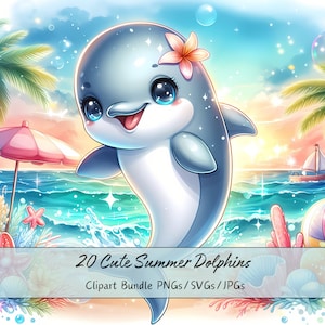 Lindo paquete de imágenes prediseñadas de delfines de verano, imágenes prediseñadas de delfines de acuarela, archivos de animales de alta calidad, divertidos gráficos de animales digitales, descargar