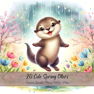 Bundle de cliparts mignon printemps loutres, Images clipart aquarelle, fichiers de haute qualité loutre, graphiques numériques animaux drôles, téléchargement unique