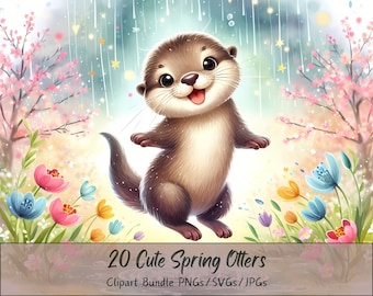 Cute Spring Otters Clipart Bundle, Watercolor Clip Art Images, High Quality Otter Files, Funny Digital Animal Graphics, Unique Download