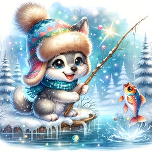 May include: A cute cartoon husky puppy wearing a winter hat, scarf, and jacket, fishing in a snowy scene. The puppy is holding a fishing rod with a fish on the line. The background features snow-covered trees and a sparkling, wintery sky.