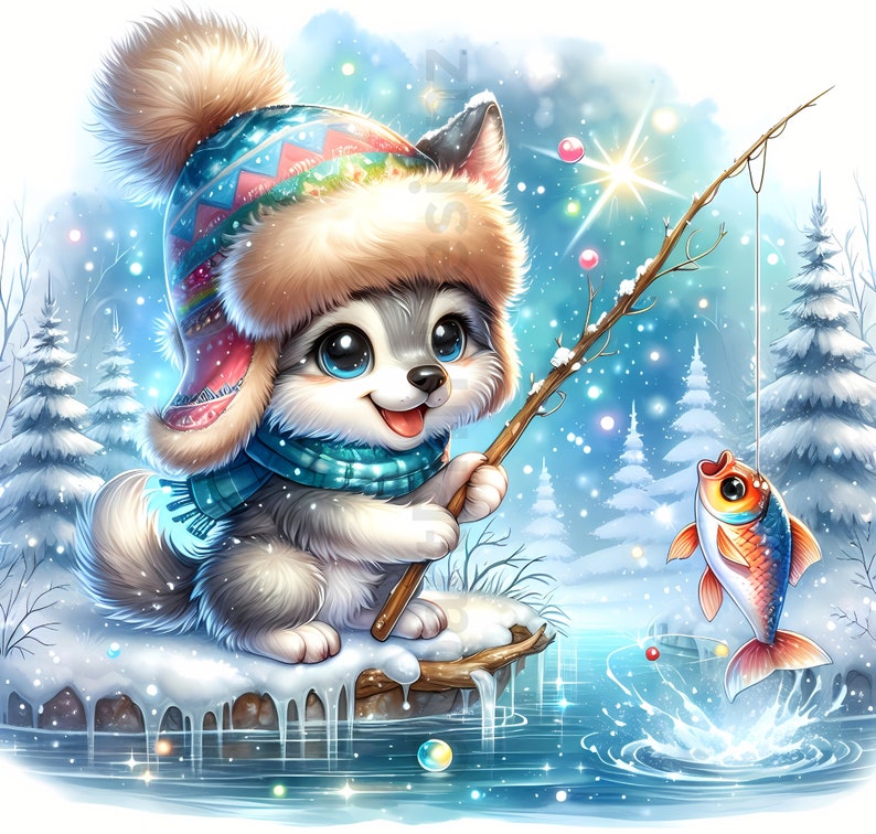 May include: A cute cartoon husky puppy wearing a winter hat, scarf, and jacket, fishing in a snowy scene. The puppy is holding a fishing rod with a fish on the line. The background features snow-covered trees and a sparkling, wintery sky.