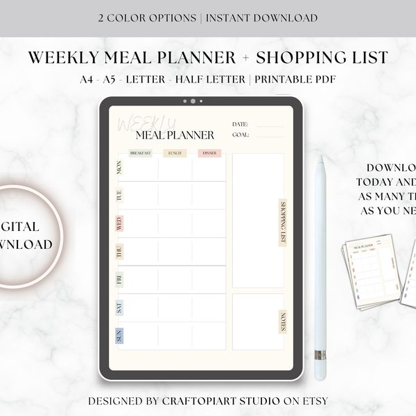 Weekly Meal Planner with Shopping List | Meal Tracker | Weekly Food Diary | Health | Fitness | Diet | Meal Planner Printable