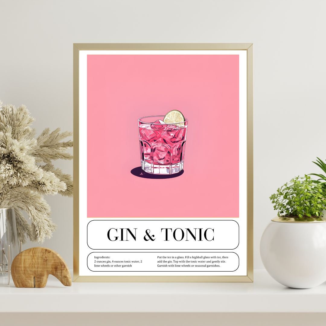 Pink Gin and Tonic Print Gin and Tonic Poster Cocktail Etsy