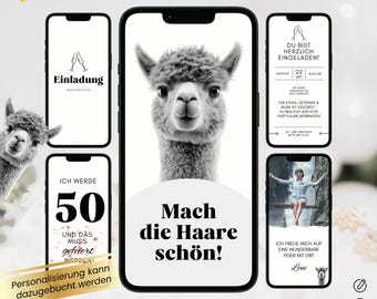 Grappige digitale verjaardagskaart, geanimeerde video-e-kaart, WhatsApp-uitnodiging, Canva-sjabloon, direct downloaden, alpaca-kaart
