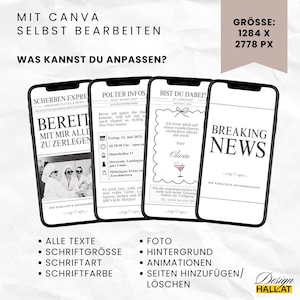 Du kannst alle Texte, Schriftart, Schriftgröße, Schriftfarbe, Foto, Hintergrund und Animationen bearbeiten. Außerdem kannst du beliebig eigene Seiten hinzufügen oder nicht benötigte Seiten löschen.