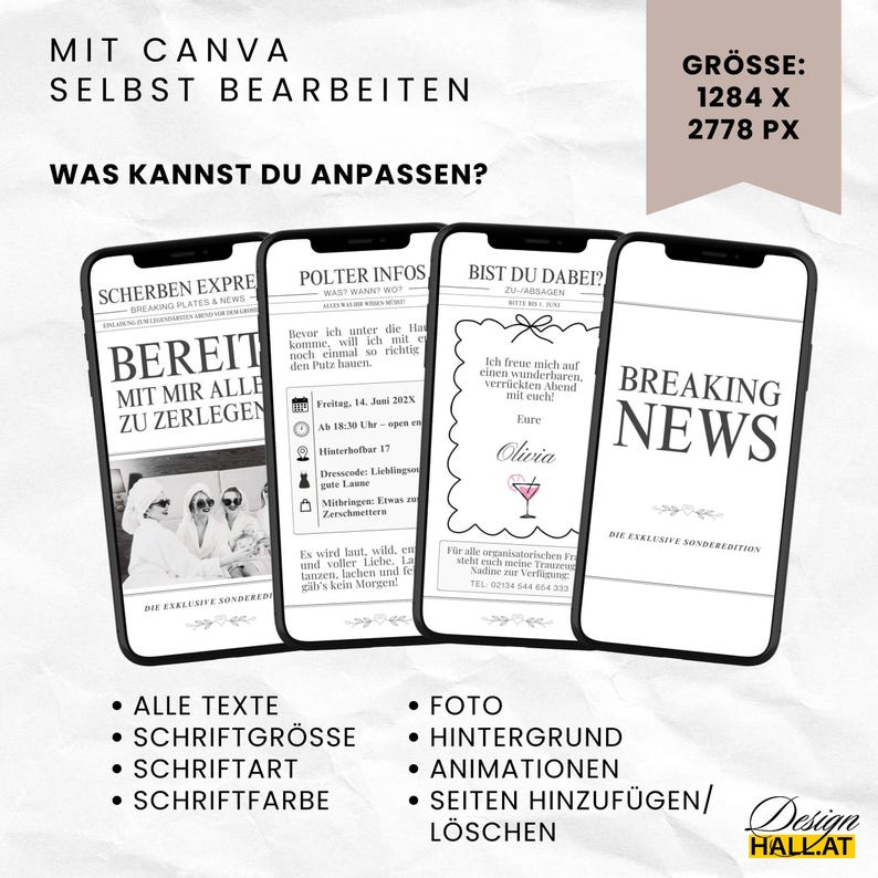 Du kannst alle Texte, Schriftart, Schriftgröße, Schriftfarbe, Foto, Hintergrund und Animationen bearbeiten. Außerdem kannst du beliebig eigene Seiten hinzufügen oder nicht benötigte Seiten löschen.