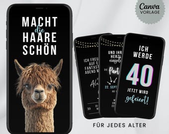 Lustige digitale Einladung zum Geburtstag, animierte Video eCard, Alpaka Karte, Whatsapp Einladung, Canva-Vorlage, Sofort-Download