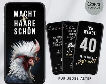 Lustige Einladung Geburtstag digital Video eCard animiert Geburtstagseinladung für Mann mit Hahn Motiv Canva Vorlage Whatspp Einladung Video
