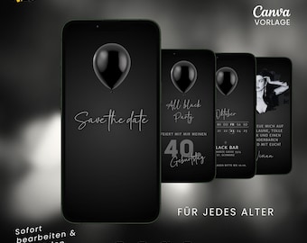 Geburtstagseinladung animiert "All black Party" Whatsapp Einladung Geburtstag digital Canva Vorlage Musik schwarz minimalistisch Luftballon