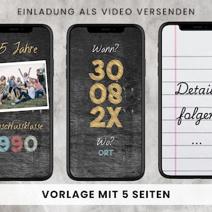 Digitale Einladung Klassentreffen, Canva Vorlage personalisierbar, Digitaler Download, Canva Template Klassentreffen, Save the date eCard animiert, Whatsapp Einladung digital versenden, animierte Videoeinladung Handy, Einladungskarte Abschlussklasse