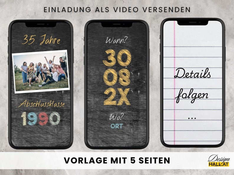 Digitale Einladung Klassentreffen, Canva Vorlage personalisierbar, Digitaler Download, Canva Template Klassentreffen, Save the date eCard animiert, Whatsapp Einladung digital versenden, animierte Videoeinladung Handy, Einladungskarte Abschlussklasse