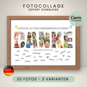 Può includere: Stampa incorniciata con bordo in legno. La stampa presenta la parola "DANKE" con foto di bambini all'interno delle lettere. Il testo in alto recita "GLÜCK IST, SO TOLLE ERZIEHERINNEN ZU HABEN!" e in basso "20 FOTOS - 3 VARIANTEN".