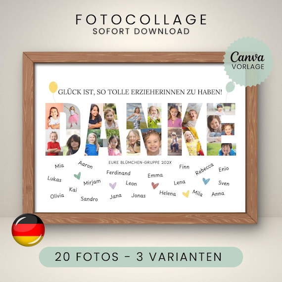 Abschiedsgeschenk Kindergarten Danke, Geschenk KITA Abschied Erzieher, Fotocollage Vorlage Canva, Personalisiertes Poster, 20 Fotos, A3 A4