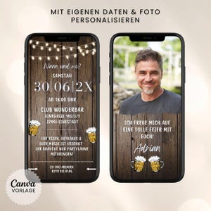 K&ouml;nnte beinhalten: Zwei Smartphones zeigen eine digitale Einladungsvorlage mit rustikalem Holzhintergrund, Lichterketten und Bierkrug-Grafiken. Der linke Bildschirm zeigt Veranstaltungsdetails, der rechte Bildschirm ein Foto eines Mannes und weiteren Text.